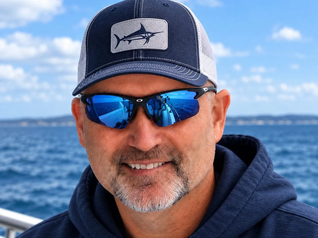 Bryan Collins aboard a boat, open water and a distant coastline behind him
